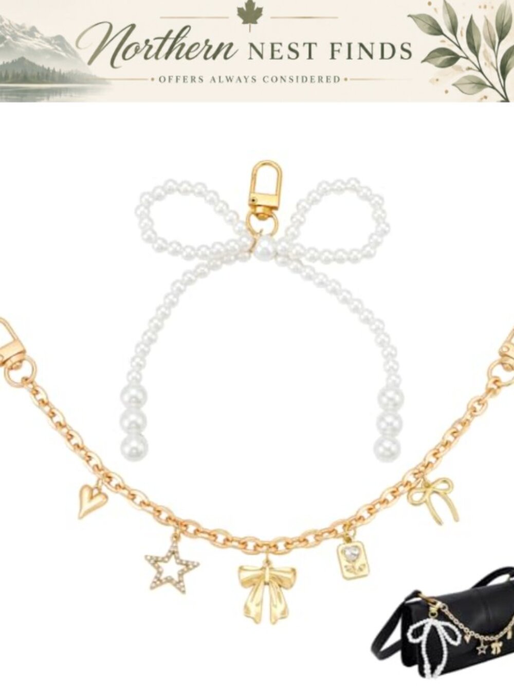 Gold Decorative Bag Chain Bow Charm Purse Accessory Keyring